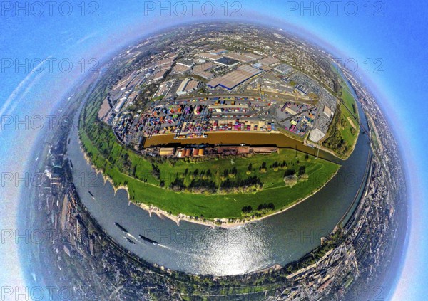 Aerial view, duisport harbour, logport I Rheinhausen, logport 1, container harbour, Duisburg harbour D3T Duisburg Trimodal Terminal, automobile logistics, globe, fisheye image, 360 degree image, tiny world, little planet, fisheye image, Hüttenheim, Duisburg, Ruhr area, North Rhine-Westphalia, Germany