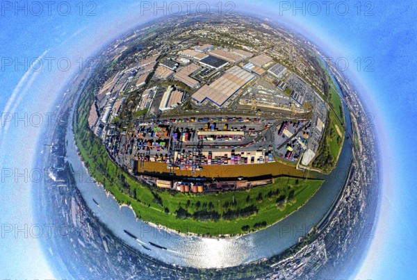 Aerial view, duisport harbour, logport I Rheinhausen, logport 1, container harbour, Duisburg harbour D3T Duisburg Trimodal Terminal, automobile logistics, globe, fisheye image, 360 degree image, tiny world, little planet, fisheye image, Hüttenheim, Duisburg, Ruhr area, North Rhine-Westphalia, Germany
