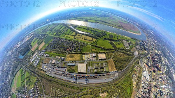 Aerial view, duisport harbour, logport III Hohenbudberg, logport 3, container terminal, earth globe, fisheye image, 360 degree image, tiny world, little planet, fisheye image, Friemersheim, Duisburg, Ruhr area, North Rhine-Westphalia, Germany