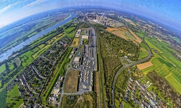 Aerial view, duisport harbour, logport III Hohenbudberg, logport 3, container terminal, earth globe, fisheye image, 360 degree image, tiny world, little planet, fisheye image, Friemersheim, Duisburg, Ruhr area, North Rhine-Westphalia, Germany