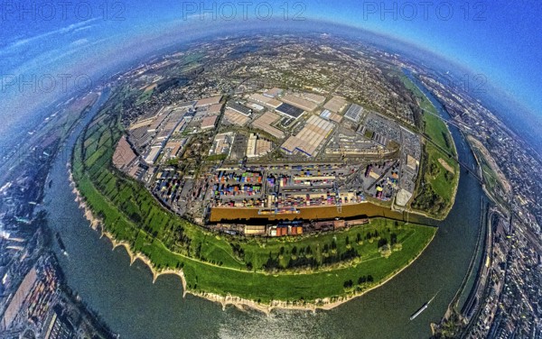 Aerial view, duisport harbour, logport I Rheinhausen, logport 1, container harbour, Duisburg harbour D3T Duisburg Trimodal Terminal, automobile logistics, globe, fisheye image, 360 degree image, tiny world, little planet, fisheye image, Hüttenheim, Duisburg, Ruhr area, North Rhine-Westphalia, Germany