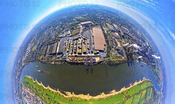 Aerial view, duisport harbour, logport II Wanheim, logport 2, container terminal on the river Rhine with container ship, globe, fisheye image, 360 degree image, tiny world, little planet, fisheye image, Wanheim-Angerhausen, Duisburg, Ruhr area, North Rhine-Westphalia, Germany