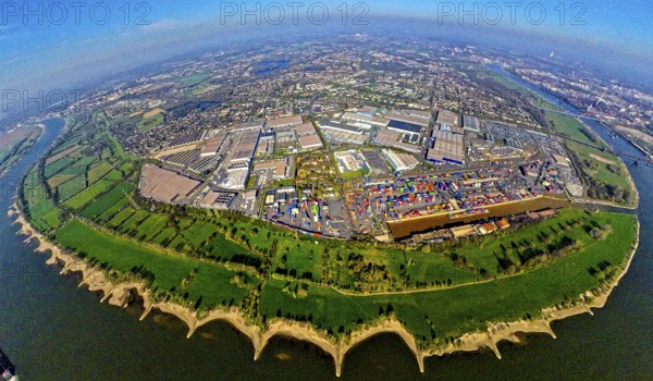 Aerial view, duisport harbour, logport I Rheinhausen, logport 1, container harbour, Duisburg harbour D3T Duisburg Trimodal Terminal, automobile logistics, globe, fisheye image, 360 degree image, tiny world, little planet, fisheye image, Hüttenheim, Duisburg, Ruhr area, North Rhine-Westphalia, Germany