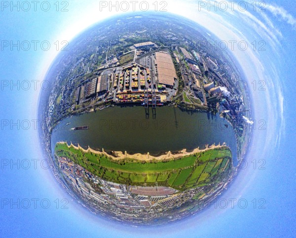 Aerial view, duisport harbour, logport II Wanheim, logport 2, container terminal on the river Rhine with container ship, globe, fisheye image, 360 degree image, tiny world, little planet, fisheye image, Wanheim-Angerhausen, Duisburg, Ruhr area, North Rhine-Westphalia, Germany