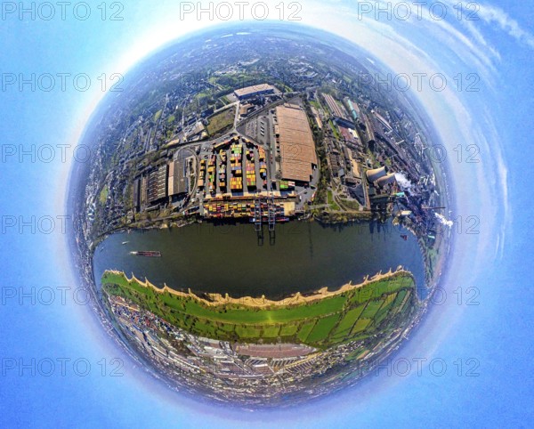 Aerial view, duisport harbour, logport II Wanheim, logport 2, container terminal on the river Rhine with container ship, globe, fisheye image, 360 degree image, tiny world, little planet, fisheye image, Wanheim-Angerhausen, Duisburg, Ruhr area, North Rhine-Westphalia, Germany
