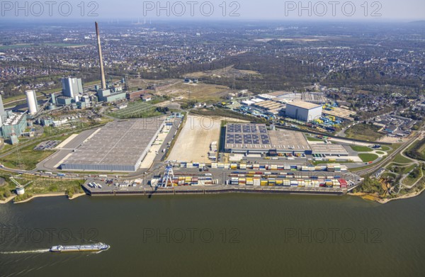 Aerial view, Duisburg-Nord, duisport logport VI Walsum, logport 6, STEAG Walsum power station on the Rhine, container loading station, Alt-Walsum, Duisburg, Ruhr area, North Rhine-Westphalia, Germany
