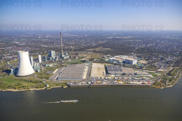 Aerial view, Duisburg-Nord, duisport logport VI Walsum, logport 6, STEAG Walsum power station on the Rhine, container loading station, Alt-Walsum, Duisburg, Ruhr area, North Rhine-Westphalia, Germany
