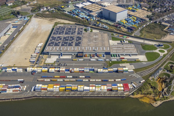 Aerial view, Duisburg-Nord, duisport logport VI Walsum, logport 6 on the river Rhine, container loading station, Alt-Walsum, Duisburg, Ruhr area, North Rhine-Westphalia, Germany