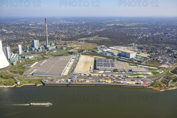 Aerial view, Duisburg-Nord, duisport logport VI Walsum, logport 6, STEAG Walsum power station on the Rhine, container loading station, Alt-Walsum, Duisburg, Ruhr area, North Rhine-Westphalia, Germany