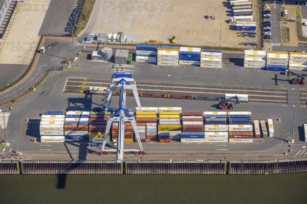 Aerial view, Duisburg-Nord, duisport logport VI Walsum, logport 6 on the river Rhine, container loading station, Alt-Walsum, Duisburg, Ruhr area, North Rhine-Westphalia, Germany
