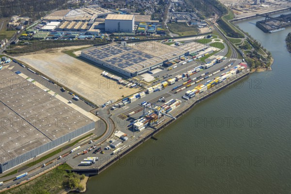 Aerial view, Duisburg-Nord, duisport logport VI Walsum, logport 6 on the river Rhine, container loading station, Alt-Walsum, Duisburg, Ruhr area, North Rhine-Westphalia, Germany