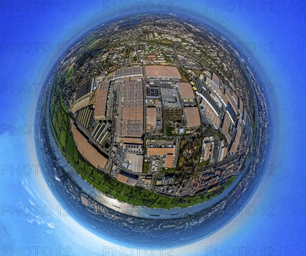 Aerial view, duisport harbour, logport I Rheinhausen, logport 1, container harbour, Duisburg harbour D3T Duisburg Trimodal Terminal, automobile logistics, globe, fisheye image, 360 degree image, tiny world, little planet, fisheye image, Hüttenheim, Duisburg, Ruhr area, North Rhine-Westphalia, Germany