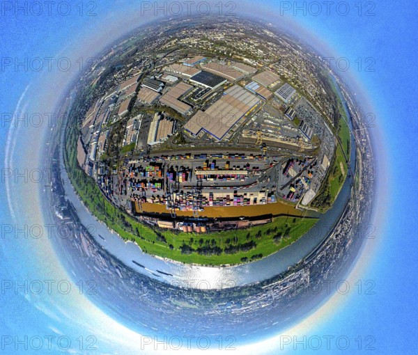 Aerial view, duisport harbour, logport I Rheinhausen, logport 1, container harbour, Duisburg harbour D3T Duisburg Trimodal Terminal, automobile logistics, globe, fisheye image, 360 degree image, tiny world, little planet, fisheye image, Hüttenheim, Duisburg, Ruhr area, North Rhine-Westphalia, Germany
