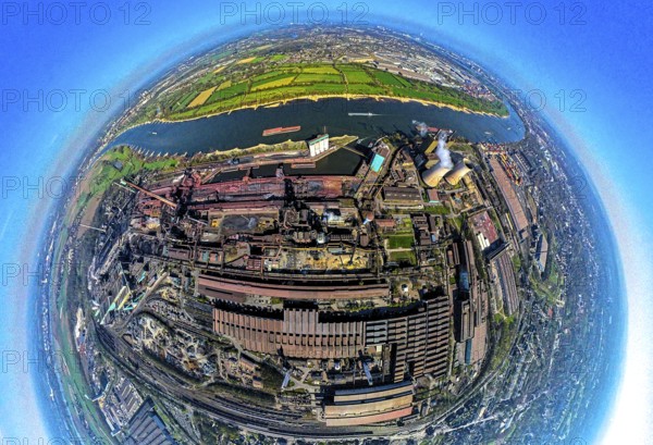 Aerial view, Hüttenwerke Krupp Mannesmann HKM on the river Rhine, coking plant and cooling towers with smoke clouds, earth globe, fisheye image, 360 degree image, tiny world, little planet, fisheye image, Hüttenheim, Duisburg, Ruhr area, North Rhine-Westphalia, Germany