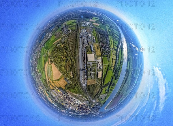 Aerial view, duisport harbour, logport III Hohenbudberg, logport 3, container terminal, earth globe, fisheye image, 360 degree image, tiny world, little planet, fisheye image, Friemersheim, Duisburg, Ruhr area, North Rhine-Westphalia, Germany