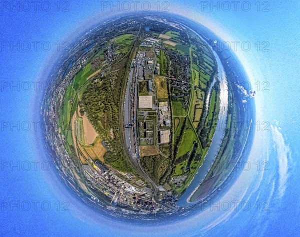Aerial view, duisport harbour, logport III Hohenbudberg, logport 3, container terminal, earth globe, fisheye image, 360 degree image, tiny world, little planet, fisheye image, Friemersheim, Duisburg, Ruhr area, North Rhine-Westphalia, Germany