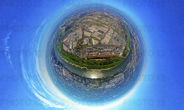 Aerial view, duisport harbour, logport I Rheinhausen, logport 1, container harbour, Duisburg harbour D3T Duisburg Trimodal Terminal, automobile logistics, globe, fisheye image, 360 degree image, tiny world, little planet, fisheye image, Hüttenheim, Duisburg, Ruhr area, North Rhine-Westphalia, Germany