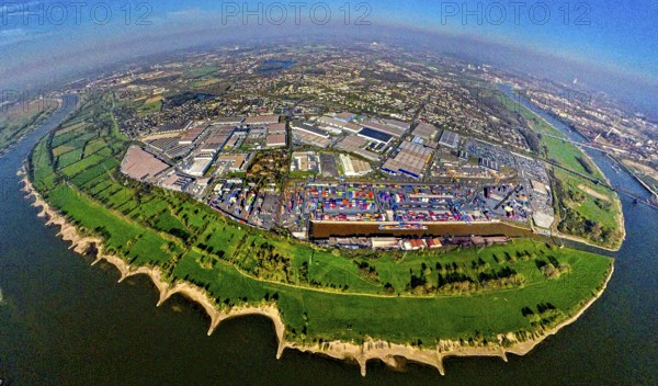 Aerial view, duisport harbour, logport I Rheinhausen, logport 1, container harbour, Duisburg harbour D3T Duisburg Trimodal Terminal, automobile logistics, globe, fisheye image, 360 degree image, tiny world, little planet, fisheye image, Hüttenheim, Duisburg, Ruhr area, North Rhine-Westphalia, Germany