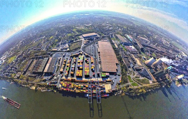 Aerial view, duisport harbour, logport II Wanheim, logport 2, container terminal on the river Rhine with container ship, globe, fisheye image, 360 degree image, tiny world, little planet, fisheye image, Wanheim-Angerhausen, Duisburg, Ruhr area, North Rhine-Westphalia, Germany