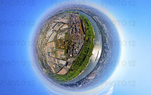 Aerial view, duisport harbour, logport I Rheinhausen, logport 1, container harbour, Duisburg harbour D3T Duisburg Trimodal Terminal, automobile logistics, globe, fisheye image, 360 degree image, tiny world, little planet, fisheye image, Hüttenheim, Duisburg, Ruhr area, North Rhine-Westphalia, Germany