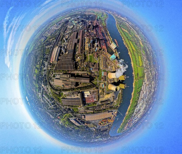 Aerial view, Hüttenwerke Krupp Mannesmann HKM on the river Rhine, coking plant and cooling towers with smoke clouds, earth globe, fisheye image, 360 degree image, tiny world, little planet, fisheye image, Hüttenheim, Duisburg, Ruhr area, North Rhine-Westphalia, Germany