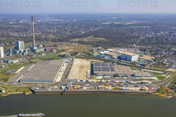 Aerial view, Duisburg-Nord, duisport logport VI Walsum, logport 6, STEAG Walsum power station on the Rhine, container loading station, Alt-Walsum, Duisburg, Ruhr area, North Rhine-Westphalia, Germany