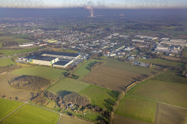 Aerial view, Edeka logistics centre Hamm on the A2 motorway, green spaces Werler Straße and in Sutenkamp, Rhynern district, Hamm, Ruhr area, North Rhine-Westphalia, Germany