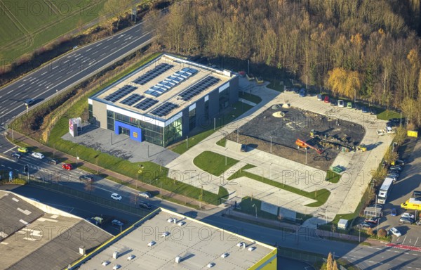 Aerial view, construction area with new Mensing Galerie building on the corner of Werler Straße and Unnaer Straße, Rhynern district, Hamm, Ruhr area, North Rhine-Westphalia, Germany