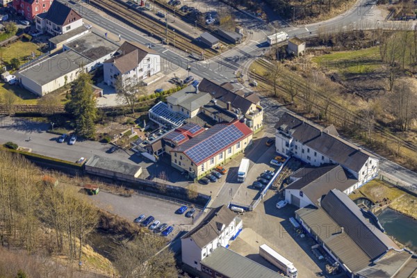 Aerial photograph, Dahl, Hedfelder Straße level crossing in the Rummenohl district on the B54 Rummenohler Straße federal road, Hagen, Ruhr area, North Rhine-Westphalia, Germany
