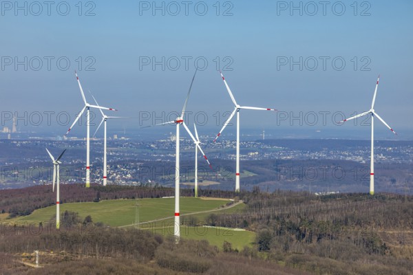 Aerial view, wind turbine park at Stoppelberg, distant view, Hohenlimburg, Hagen, Ruhr area, North Rhine-Westphalia, Germany