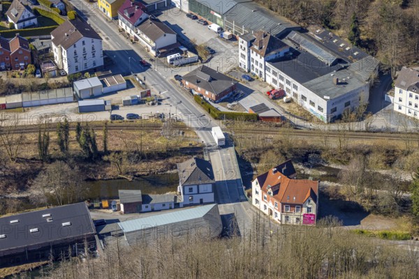 Aerial view, railway crossing Osemundstraße and bridge over the river Volme, Volme bridge on the federal road B54 Prioreier Straße, Dahl, Hagen, Ruhr area, North Rhine-Westphalia, Germany