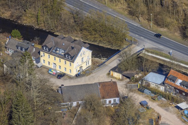 Aerial view, Roland-Volme road with bridge over the Volme river, Volme bridge on the B54 Rummenohler Straße federal road, Dahl, Hagen, Ruhr area, North Rhine-Westphalia, Germany