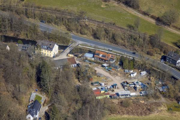 Aerial view, Roland-Volme road with bridge over the Volme river, Volme bridge on the B54 Rummenohler Straße federal road, Dahl, Hagen, Ruhr area, North Rhine-Westphalia, Germany