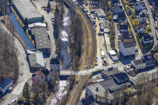 Aerial view, railway crossing Osemundstraße and bridge over the river Volme, Volme bridge on the federal road B54 Prioreier Straße, Dahl, Hagen, Ruhr area, North Rhine-Westphalia, Germany