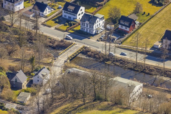 Aerial view, railway crossing Rehbecke and bridge over the river Volme, Volme bridge at the federal road B54, Dahl, Hagen, Ruhr area, North Rhine-Westphalia, Germany