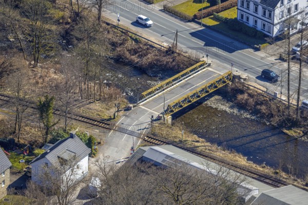 Aerial view, railway crossing Rehbecke and bridge over the river Volme, Volme bridge at the federal road B54, Dahl, Hagen, Ruhr area, North Rhine-Westphalia, Germany