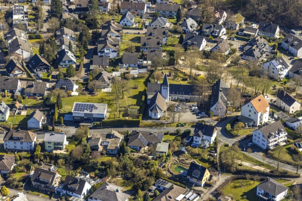 Aerial view, district Holthausen village centre with Evang-Luth. Gnadenkirche, Hohenlimburg, Hagen, Ruhr area, North Rhine-Westphalia, Germany