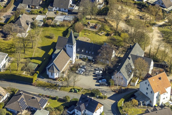 Aerial view, district Holthausen village centre with Evang-Luth. Gnadenkirche, Hohenlimburg, Hagen, Ruhr area, North Rhine-Westphalia, Germany