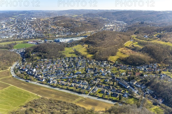 Aerial view, residential area, view of Holthausen district, hilly landscape and wooded area, Hohenlimburg, Hagen, Ruhr area, North Rhine-Westphalia, Germany