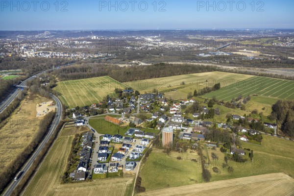 Aerial view, residential area, view of Haßley district with water tower, residential area at the edge of the forest, Emst, Hagen, Ruhr area, North Rhine-Westphalia, Germany