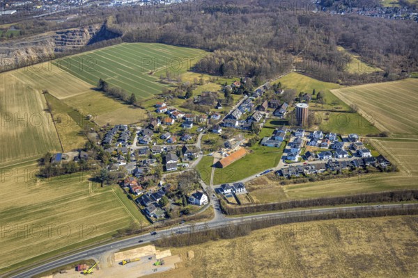 Aerial view, residential area, view of Haßley district with water tower, residential area at the edge of the forest and construction site in the town centre, Emst, Hagen, Ruhr area, North Rhine-Westphalia, Germany