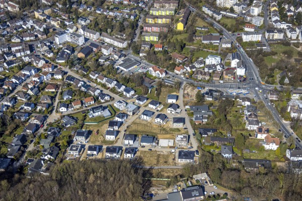 Aerial view, residential area construction site with new single-family houses Auf der Gehre, Emst, Hagen, Ruhr area, North Rhine-Westphalia, Germany
