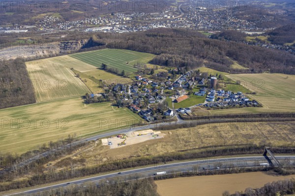 Aerial view, residential area, view of Haßley district with water tower, residential area at the edge of the forest, building area on Haßleyer Straße, Emst, Hagen, Ruhr area, North Rhine-Westphalia, Germany
