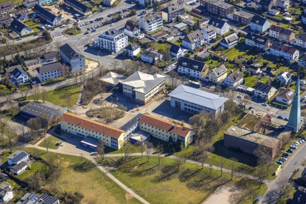 Aerial view, Halden secondary school and KEO school, Evangelical Lutheran St Matthew's Church, university district, Hagen, Ruhr area, North Rhine-Westphalia, Germany