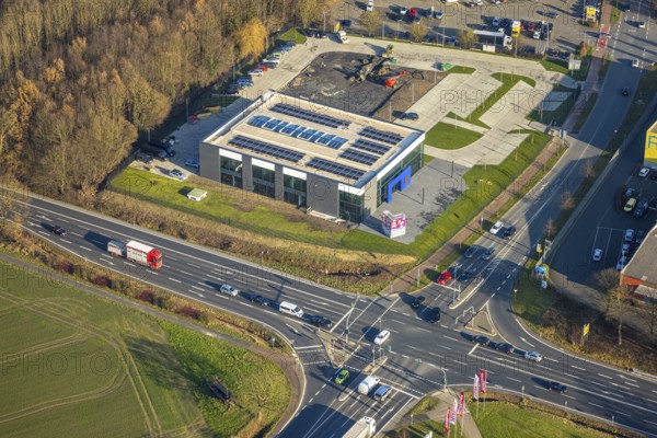 Aerial view, construction area with new Mensing Galerie building on the corner of Werler Straße and Unnaer Straße, Rhynern district, Hamm, Ruhr area, North Rhine-Westphalia, Germany