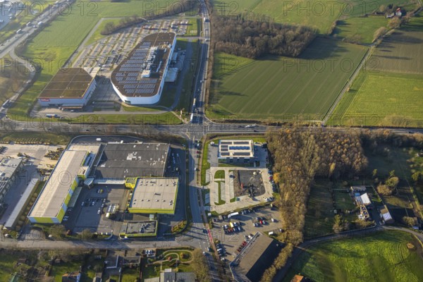 Aerial view, Höffner furniture store Unnaer Straße on the A2 motorway, construction area with new Mensing Galerie building on the corner of Werler Straße and Unnaer Straße, Rulko SB wholesale store, Rhynern district, Hamm, Ruhr area, North Rhine-Westphalia, Germany