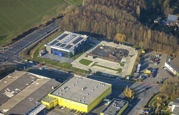 Aerial view, construction area with new Mensing Galerie building on the corner of Werler Straße and Unnaer Straße, Rhynern district, Hamm, Ruhr area, North Rhine-Westphalia, Germany