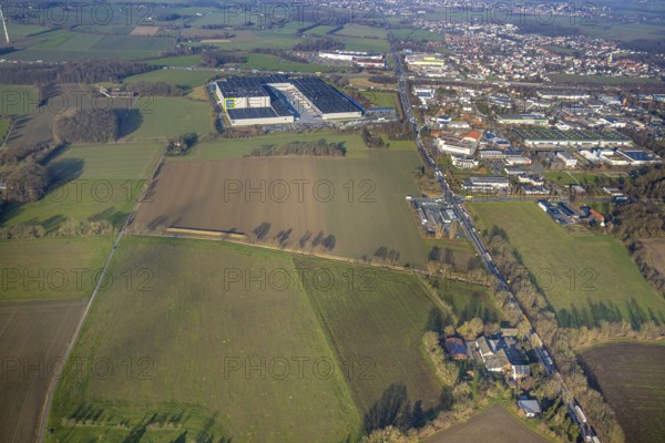 Aerial view, Edeka logistics centre Hamm on the A2 motorway, green spaces Werler Straße and in Sutenkamp, Rhynern district, Hamm, Ruhr area, North Rhine-Westphalia, Germany