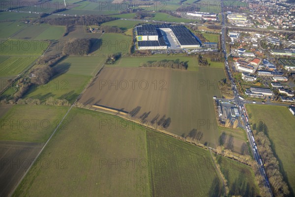Aerial view, Edeka logistics centre Hamm on the A2 motorway, green spaces Werler Straße and in Sutenkamp, Rhynern district, Hamm, Ruhr area, North Rhine-Westphalia, Germany