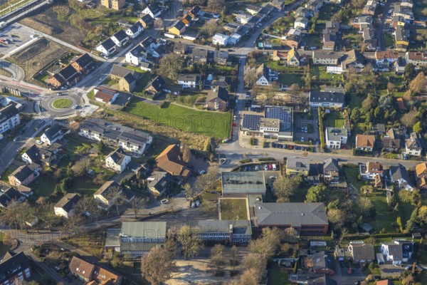 Aerial view, planned local transport connection with stop in Westtünnen, construction site at Südfeldweg and Von-Thünen-Straße for the future railway stop, railway line with railway bridge and housing estate with roundabout, Rhynern district, Hamm, Ruhr area, North Rhine-Westphalia, Germany
